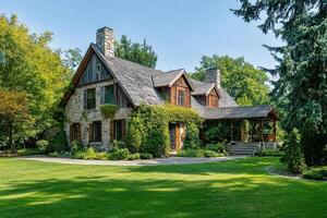 A charming stone house surrounded by lush greenery and a well-maintained lawn photo
