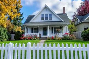 A charming white house with a front porch surrounded by colorful flowers and a white picket fence photo