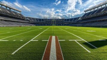 A panoramic view of a football field in a stadium under a bright sky photo