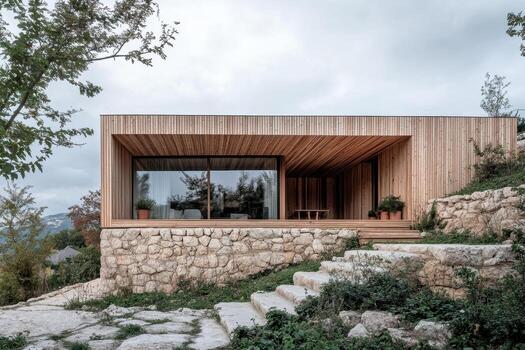 Modern wooden house with large windows, blending with nature on a stone foundation photo
