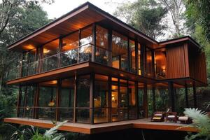 Modern wooden house with glass walls nestled in a lush green forest photo