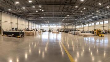A spacious industrial warehouse filled with equipment and materials for manufacturing photo
