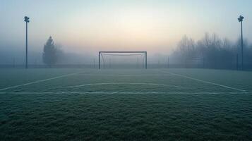 A foggy soccer field at dawn with a goalpost and frost-covered grass photo