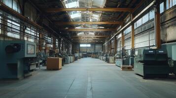 A spacious industrial workshop filled with machinery and equipment for manufacturing. photo
