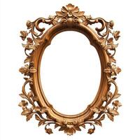 Ornate wooden picture frame with floral designs and an empty oval center. photo