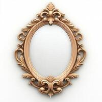 An ornate, vintage-style mirror with a decorative frame, reflecting its surroundings photo