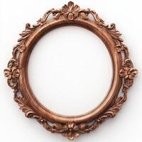 Ornate round wooden frame with floral designs, suitable for displaying artwork or photographs. photo