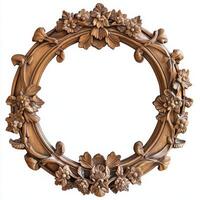 Ornate wooden frame with floral carvings, designed for displaying artwork or photographs. photo