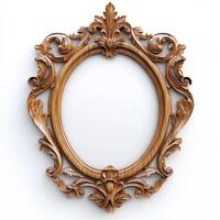 Ornate wooden picture frame with intricate carvings and an empty oval center photo