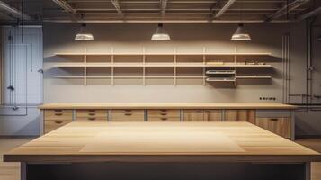 A modern workshop with wooden surfaces, shelves, and industrial lighting. photo