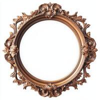 Ornate round mirror frame with intricate floral designs, empty for reflection. photo
