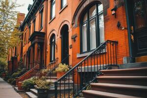 Charming brick townhouses with steps and greenery in a residential neighborhood. photo