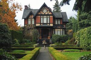 A charming Victorian-style house surrounded by lush gardens and neatly trimmed hedges. photo