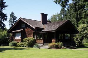 A charming wooden house surrounded by lush greenery and a well-maintained lawn. photo
