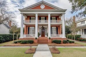 A grand brick house with columns and a welcoming entrance surrounded by greenery. photo