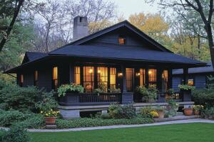 A charming black house with a porch, surrounded by lush greenery and warm lighting. photo