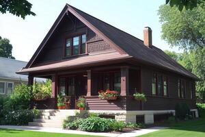 A charming brown house with a porch and flower pots, showcasing classic architectural style. photo