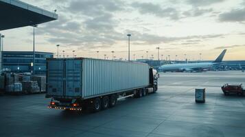 A truck loaded with a shipping container at an airport during twilight. photo