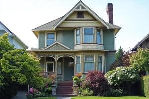 A charming Victorian-style house with a lush garden and porch. photo