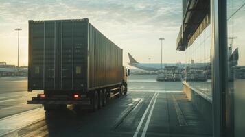 A truck with a shipping container at an airport during sunrise, ready for cargo transport. photo