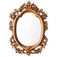 Ornate wooden mirror with intricate carvings, reflecting light and enhancing decor. photo