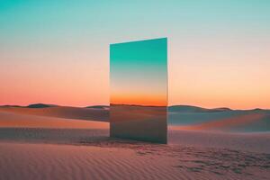 A reflective mirror stands in a serene desert landscape during sunset. photo