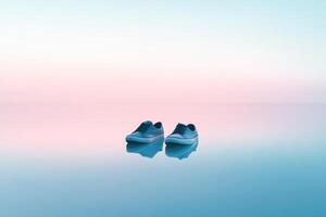 A pair of sneakers on a reflective surface with a pastel gradient background. photo
