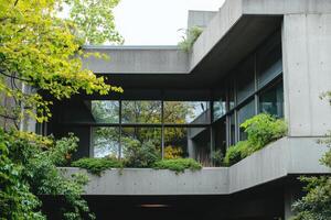 A modern architectural structure with large windows and greenery. photo