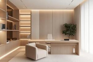 Modern office interior with minimalist design and warm lighting. photo