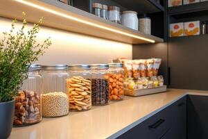 A modern kitchen shelf displaying jars of snacks and packaged foods for easy access. photo