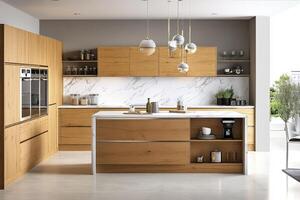Modern kitchen with wooden cabinetry and marble accents, designed for functionality and style. photo