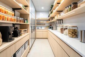 Modern kitchen with organized shelves, coffee maker, and glass containers for storage. photo