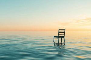 A solitary chair stands in calm water during sunset, evoking tranquility and introspection. photo