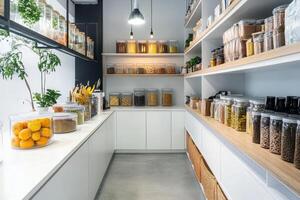 A well-organized pantry with jars of various foods and ingredients for easy access. photo