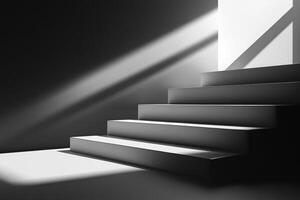 A minimalist staircase illuminated by contrasting light and shadow. photo