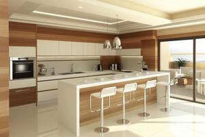 Modern kitchen with sleek design, featuring an island and contemporary appliances. photo
