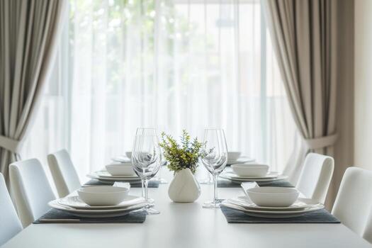 A stylish dining table set for a meal, featuring elegant tableware and a floral centerpiece. photo