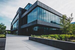 Modern building with large glass windows and landscaping in an urban setting. photo