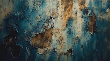 A close-up of a weathered, peeling blue surface revealing rust and texture. photo