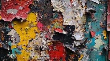 A close-up of a weathered surface with peeling paint in vibrant colors and textures. photo