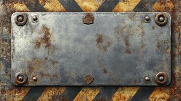 A weathered metal plate with rust and bolts, set against a caution-striped background. photo