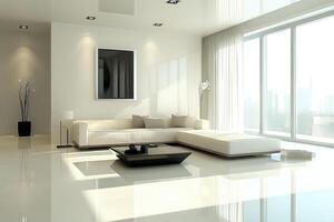 Modern, minimalist living room with large windows and sleek furniture. photo