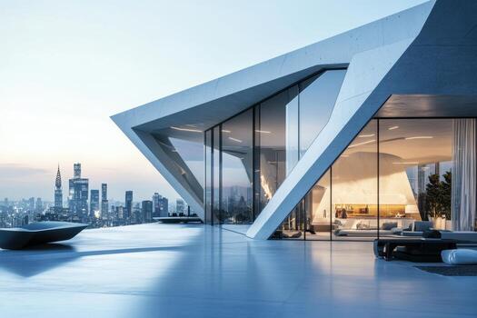 moderno arquitectónico diseño presentando un pulcro, angular estructura con ciudad horizonte puntos de vista. foto