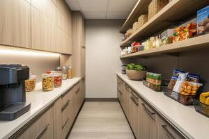 Modern pantry with organized shelves and a coffee machine for snacks and drinks. photo