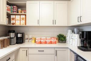 A modern kitchen pantry with organized food items and appliances. photo