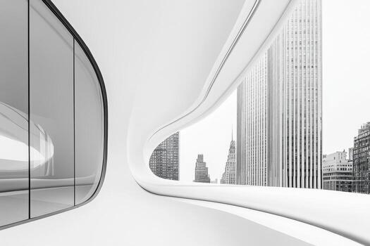 A modern architectural interior with sweeping lines and large windows showcasing city views. photo