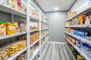 A well-organized pantry showcasing various snacks and beverages on shelves. photo