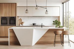 Modern kitchen design featuring sleek lines and natural materials. photo