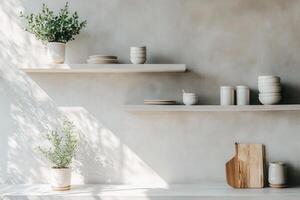 A minimalist shelf display with plants and ceramics, emphasizing calm and simplicity. photo