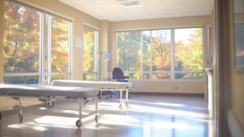 Bright hospital room with two beds and a chair, featuring large windows and autumn scenery. photo